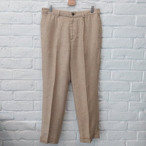 346 Brooks Brothers 100% Linen Pants Men 32x30 Dark Beige Tan Herringbone Cuffed - Picture 1 of 13